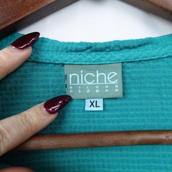 Nilgun Derman Niche Asymmetric Linen Blend Blouse Size XL Teal Green Lagenlook - Picture 2 of 8